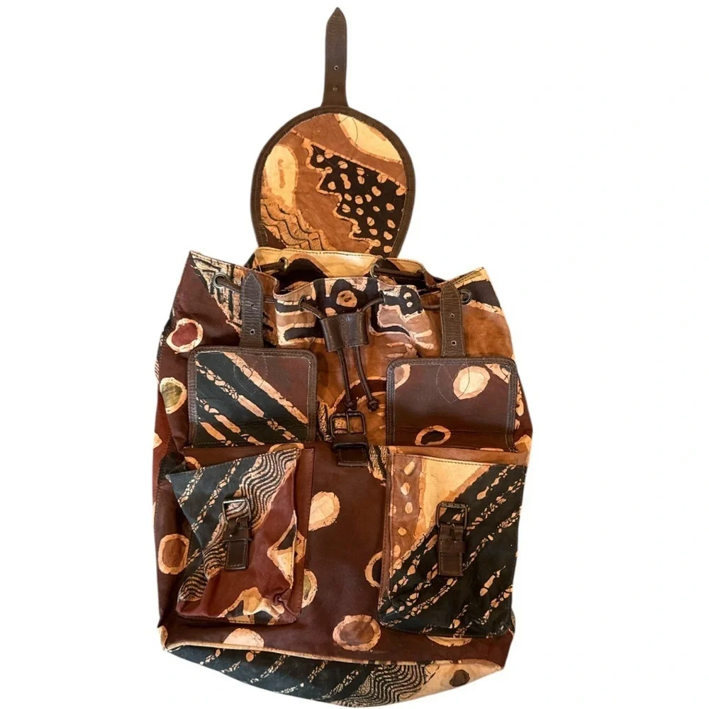 The Trading Company Brown Batik Print Cloth & Leather Backpack NWOT